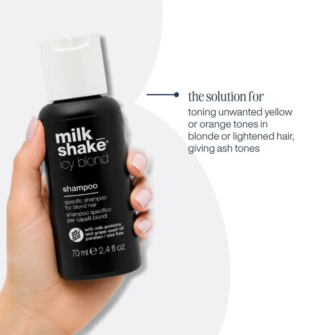 A hand holding a black bottle of Milk Shake Icy Blond shampoo, with text on the right explaining its use for toning unwanted yellow or orange tones in blonde or lightened hair.