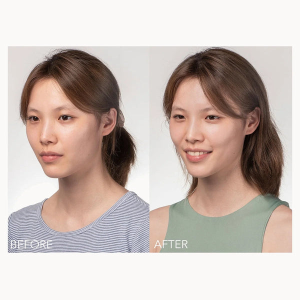 Before and after comparison of a woman's face, showing a skincare or makeup result. The left side labeled 'BEFORE' shows a natural, unretouched look, and the right side labeled 'AFTER' shows a smoother, more even complexion.