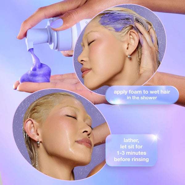 Instructions for using a hair care product with close-up shots of application and rinsing.