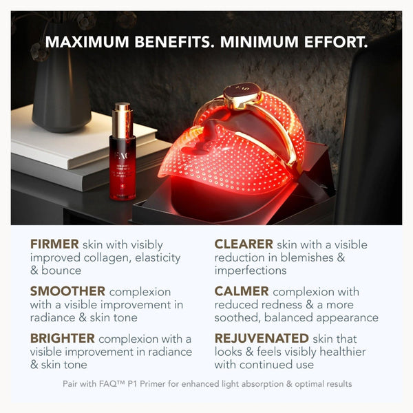 A promotional graphic for a red light therapy mask, showing the mask glowing red on a black surface next to a skincare bottle. The top text reads 'MAXIMUM BENEFITS.