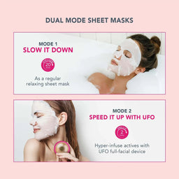Promotional graphic for dual mode sheet masks, showing two panels with women wearing sheet masks in a relaxing and fast-absorbing mode, with text explaining the features on a light pink background.