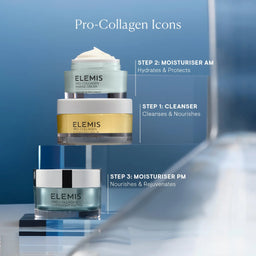 ELEMIS skincare products with step-by-step instructions on a blue background