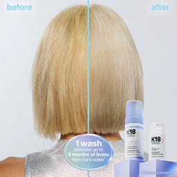Before and after comparison of hair with K18 product on a white background