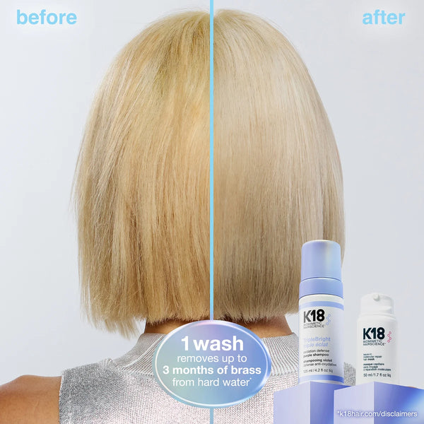 Before and after comparison of hair with K18 product on a white background