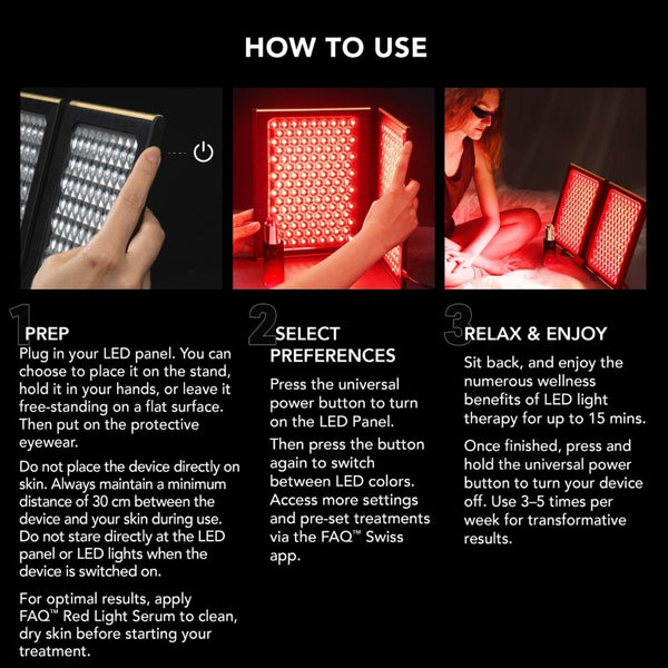 An instructional guide page titled 'HOW TO USE' with three panels showing how to position, switch on, and use a red LED light therapy panel. The page includes text instructions, a power button icon, and a FAQ box at the bottom.