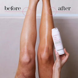 Before and after comparison of legs with a skincare product being applied.