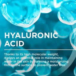 A square informational graphic with a blue and cyan background showing translucent droplet imagery and the text 'HYALURONIC ACID' and a paragraph explaining its moisturizing role in the skin.
