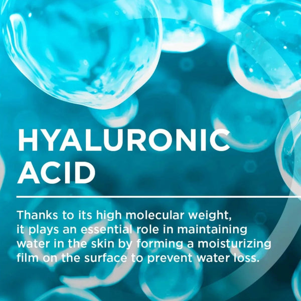 A square informational graphic with a blue and cyan background showing translucent droplet imagery and the text 'HYALURONIC ACID' and a paragraph explaining its moisturizing role in the skin.