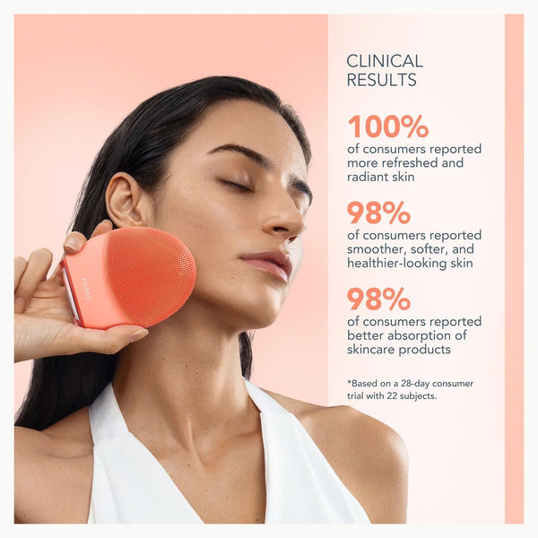 A woman with closed eyes holds a coral-pink heart-shaped skincare device against her cheek, set against a soft peach background with clinical results text on the right.