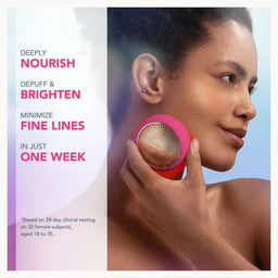 A woman holding a pink and gold skincare device against her jawline, shown in a promotional ad layout with text on the left reading 'DEEPLY NOUROUSH DEPUFF & BRIGHTEN MINIMIZE FINE LINES IN JUST ONE WEEK'.