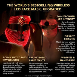 Promotional graphic for a wireless LED face mask, showing a person wearing a glowing red face mask in a dim setting with text highlighting upgraded LED intensity, silicone mold, clinically studied wavelengths, light points, and wireless hands-free use.