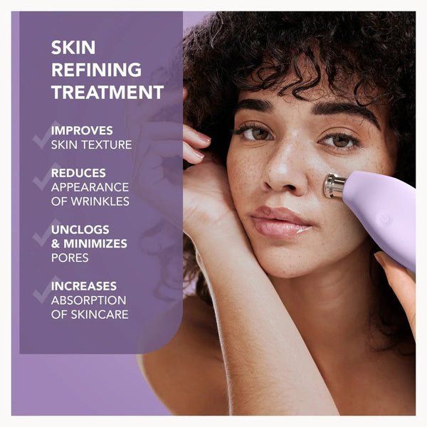 A beauty treatment advertisement showing a woman holding a lavender handheld device against her nose, with text on the left reading 'SKIN REFINING TREATMENT' and benefits for skin texture, wrinkles, and pores.
