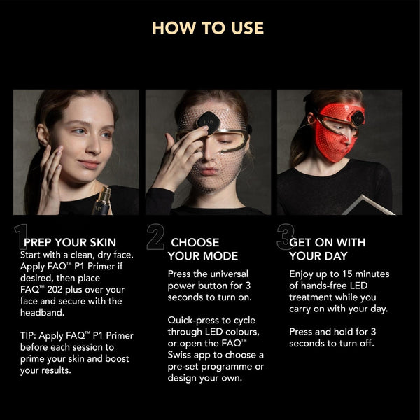 Instructional graphic titled 'HOW TO USE' showing three steps with photos of a woman wearing and using a red LED head mask. The steps include prep skin, choose mode, and get on with your day, with text instructions below each photo on a black background.