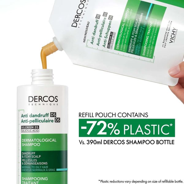 Vichy Dercos Anti-Dandruff Dermatological Shampoo for Normal to Oily Hair, 390ml Refill Pouch