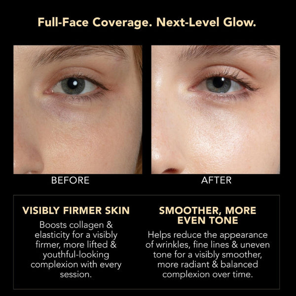 Before-and-after skincare comparison showing close-up views of a woman's eye and cheek area, with text claiming full-face coverage and next-level glow, plus benefits for visibly firmer skin and smoother, more even tone.