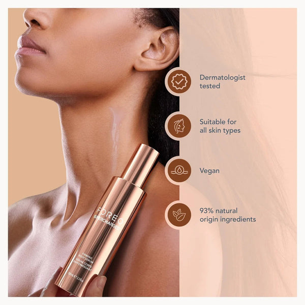 A woman in profile holds a rose gold cosmetic bottle against her neck. The right side of the image has a peach background with four brown circular icons and text reading Dermatologist tested, Suitable for all skin types, Vegan, and 93% natural origin ingredients.