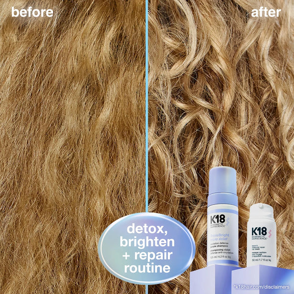Before and after comparison of hair with K18 hair care products displayed.