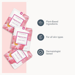 Three Foreo Bulgarian Rose sheet mask packets arranged on a pale pink background, with three dark gray circular icons and text on the right reading 'Plant-Based Ingredients,' 'For all skin types,' and 'Dermatologist tested.'.