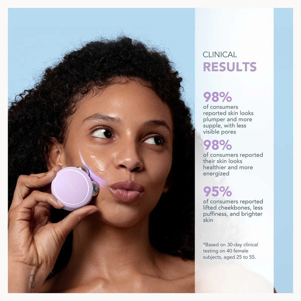 A promotional graphic featuring a woman with curly dark hair holding a small lavender cosmetic jar near her cheek, with text on the right reading 'CLINICAL RESULTS' and percentage results. The background is split between light blue and white.