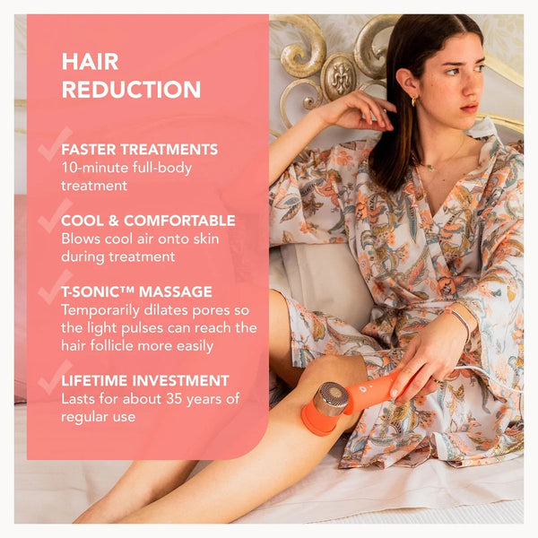 A woman in a floral robe sits on a bed using an orange handheld device on her leg, with promotional text on the left about hair reduction treatments.