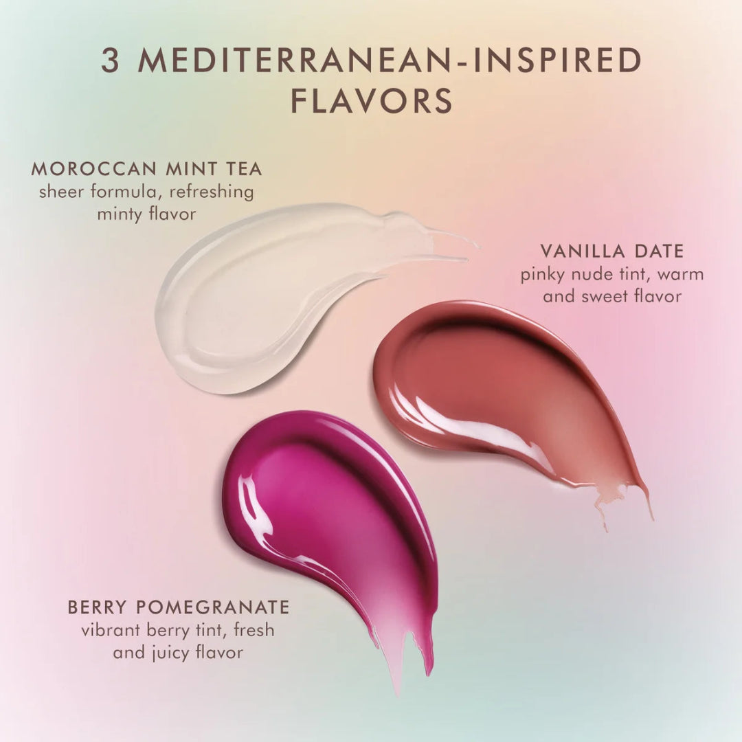 Three lip color swatches labeled 'Moroccan Mint Tea', 'Vanilla Date', and 'Berry Pomegranate' on a gradient background.