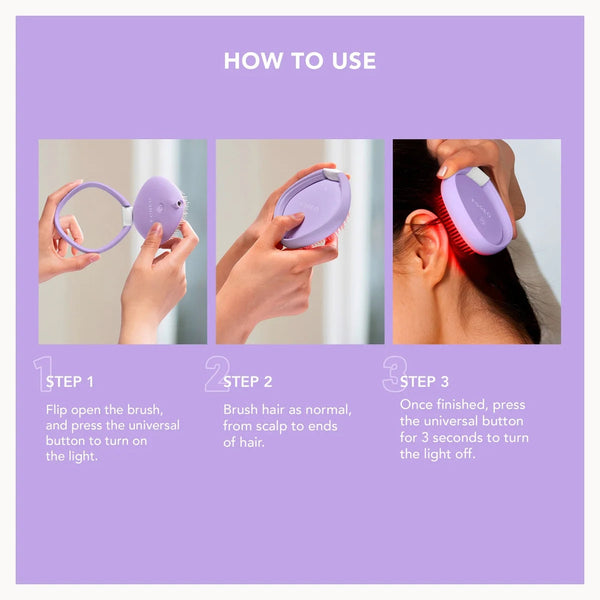 Instruction graphic titled 'HOW TO USE' showing three steps for operating a lavender scalp massager: opening the brush, brushing hair, and turning the light off near the ear.