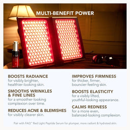A promotional graphic for a red light therapy panel set in a warm, dimly lit room with a lamp and sunglasses. The panel glows with bright red light, and text overlays describe its multi-benefit powers, including boosting radiance, smoothing wrinkles, reducing acne, and calming redness.