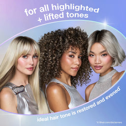 Three women with highlighted and lifted hair tones against a blue background