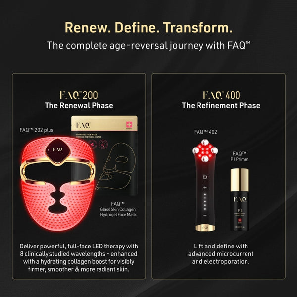 A promotional graphic on a black background with the headline 'Renew. Define.