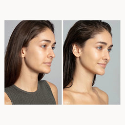 A side-by-side before and after comparison of a woman's face, showing natural skin texture on the left and smoother, more radiant skin on the right, set against a light gray background.