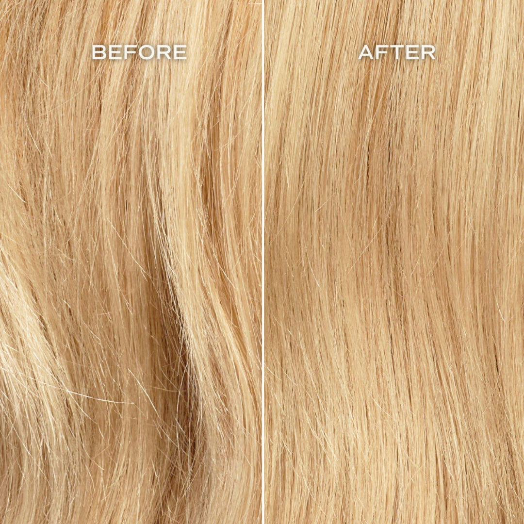 Comparison of blonde hair strands labeled 'Before' and 'After'.