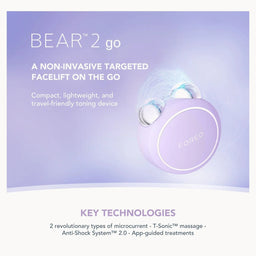 Promotional graphic for the FOREO BEAR 2 go facial toning device, showing a lavender wireless device with two clear charging contacts on a soft purple gradient background, with text describing key technologies and key features.