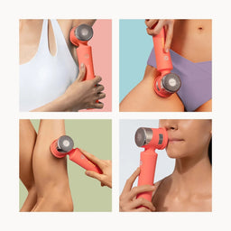 A four-panel collage showing a handheld facial and neck massage device in coral pink being used on a woman's face, shoulder, upper arm, and jawline. The device has a rounded rectangular body with a circular head and a small digital display.