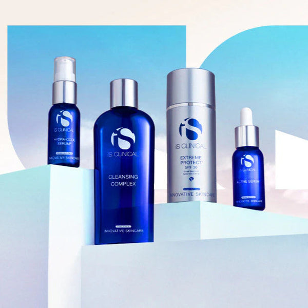 IS Clinical skincare products on a colorful abstract background