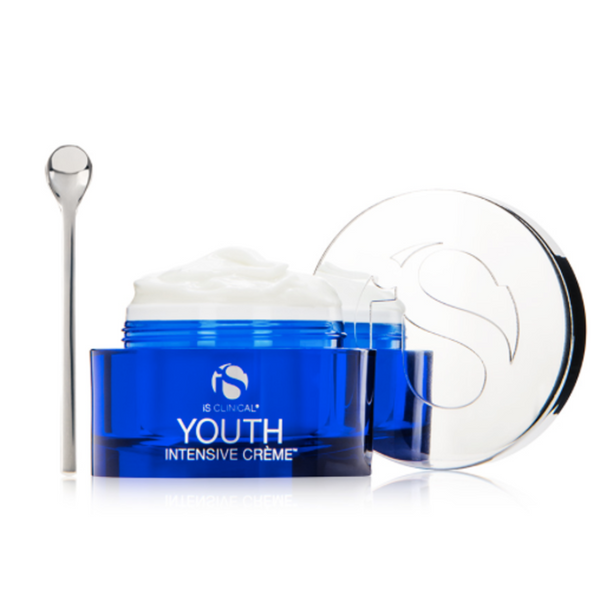 iS Clinical Youth Intensive Creme 100ml with the lid removed and scoop