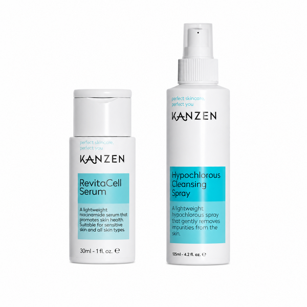 Two white skincare bottles from KANZEN on a plain white background: RevitaCell Serum (30ml) and Hypochlorous Cleansing Spray (150ml). Both feature white caps and labels with a prominent turquoise blue block and black text.