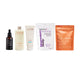 A five-item wellness bundle featuring a dark amber dropper bottle, a cream-colored bottle, a white tube, a white stand-up pouch, and an orange stand-up pouch, arranged in a row against a plain white background.
