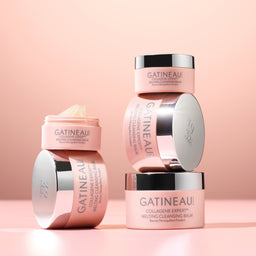 Gatineau skincare products on a pink background