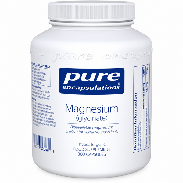 A white plastic bottle of Pure Encapsulations Magnesium (glycinate) supplement, 360 capsules, on a white background.