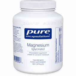 A white plastic bottle of Pure Encapsulations Magnesium (glycinate) supplement, 360 capsules, on a white background.