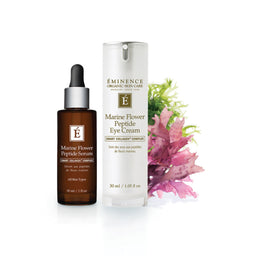 Eminence Organic Skin Care Marine Flower Peptide Eye Cream shown with its white pump bottle and amber dropper serum bottle, styled with pink and green flowers on a white background.
