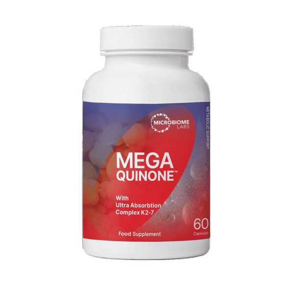 Supplement bottle labeled 'Mega Quinone' with a red and white label on a green background