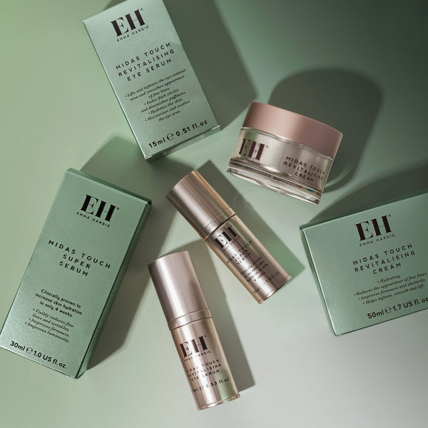 Full range of Emma Hardie Midas Touch products and boxes on a light green background