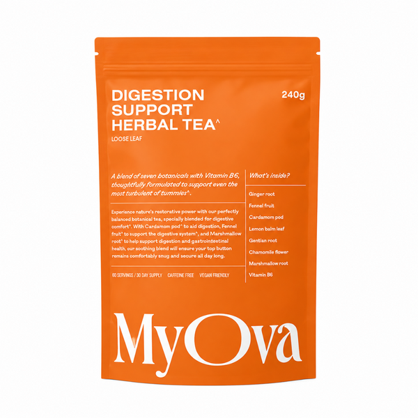 An orange stand-up pouch of MyOva Digestion Support Herbal Tea, 240g, on a clean white background.
