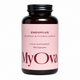 A dark amber glass bottle of Endoplus Botanical & Vitamin Complex food supplement by MyOva, featuring a light pink label with dark red text, on a solid white background.