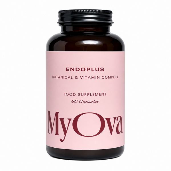 A dark amber glass bottle of Endoplus Botanical & Vitamin Complex food supplement by MyOva, featuring a light pink label with dark red text, on a solid white background.