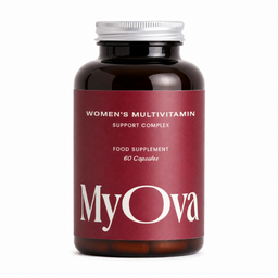 A dark amber bottle of MyOva Women's Multivitamin Support Complex with a deep red label and a silver cap, shown on a clean white background.