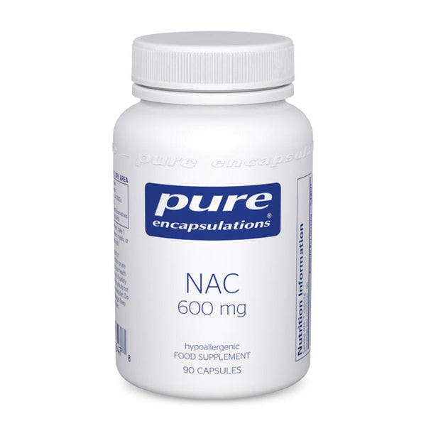 A white plastic bottle of Pure Encapsulations NAC 600 mg food supplement with a blue and white label, shown on a clean white background.