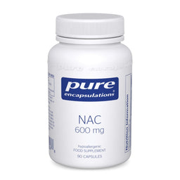 A white plastic bottle of Pure Encapsulations NAC 600 mg food supplement with a blue and white label, shown on a clean white background.