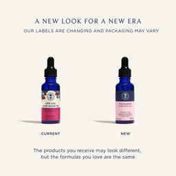 Two bottles of Wild Rosehip Seed Facial Oil with labels indicating current and new packaging.